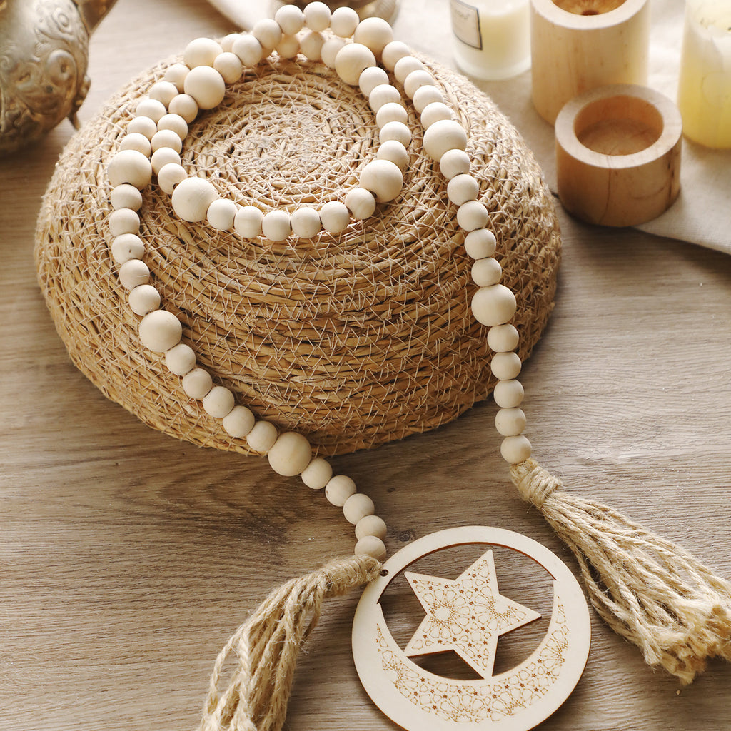 1pc Ramadan Wooden Beads Wall Hanging, Islamic Crescent Moon & Lantern Decor, Eid Al-Fitr Mubarak Muslim Ornament, No Electricity Festive Party Decoration, Ideal Gift for Ramadan Celebrations
