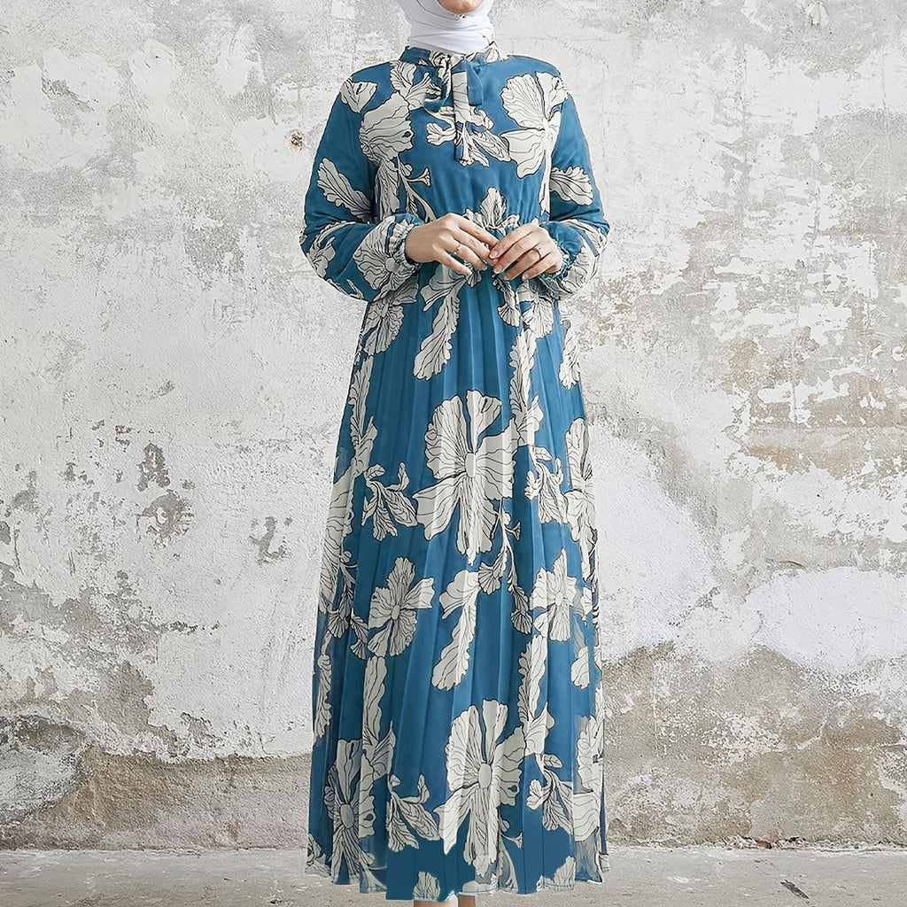 [Popular Choice] Elegant Pleated Maxi Dress with Floral Print - Casual Long Sleeve, Crew Neck, Machine Washable - Polyester & Spandex Blend, Middle Eastern Muslim Print