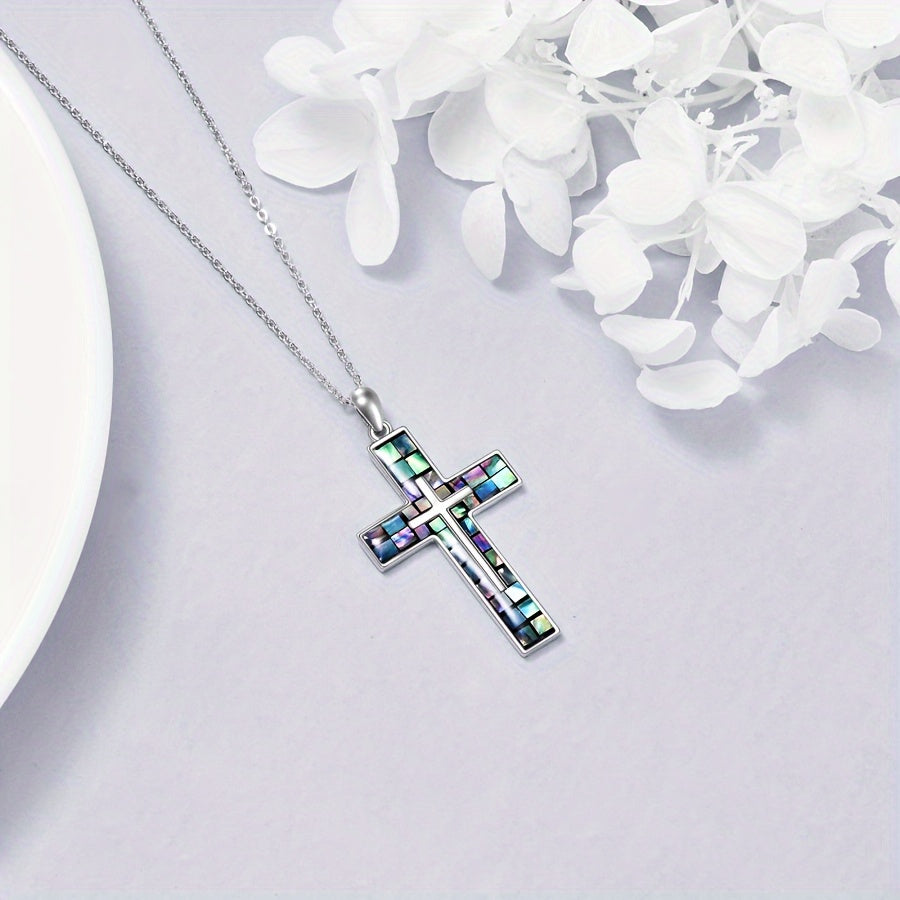 [Sterling Silver Abalone Shell Cross] Hypoallergenic Sterling Silver Cross Necklace - Abalone Shell Pendant, Religious Christian Jewelry Gift for Men and Women, YFN