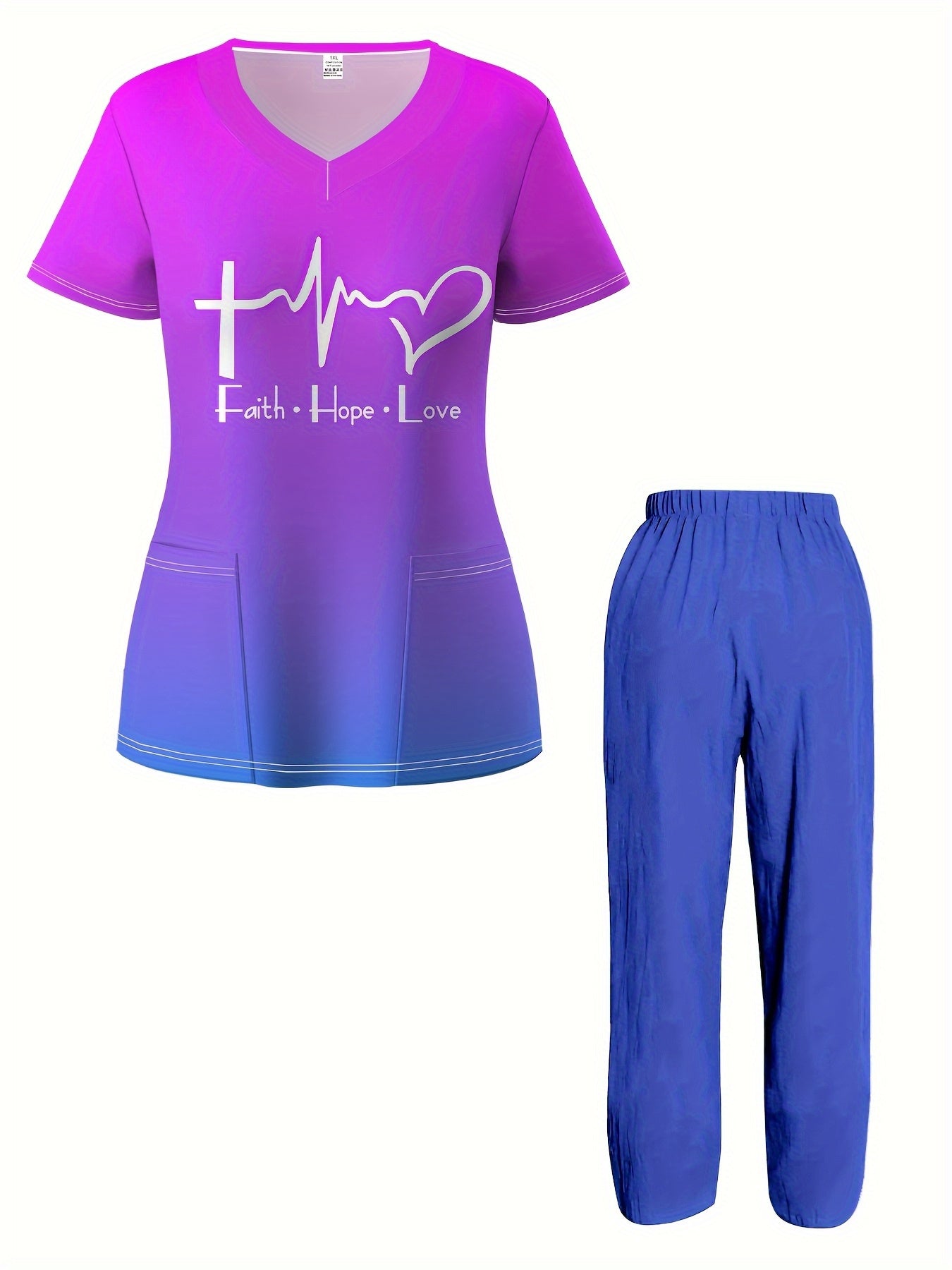 Plus Size - Plus Size 0XL-6XL Men'S & Women'S V-Neck Short Sleeve Nurse Uniform Set with Faith Hope Love Print & Pocket - Breathable Work Outfit for Hospital, Dental, Operating Room, Pet Grooming - Unisex Scrubs (Striped Desi
