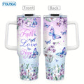 Foloda Butterfly Christian Stainless Steel Insulated Travel Coffee Tumbler for Women - 40oz Oval Mug with Handle, Lid & Straw - Handwash Only, PVC Free - Perfect for Running & Outdoor Activities - Great Christmas, Valentine's