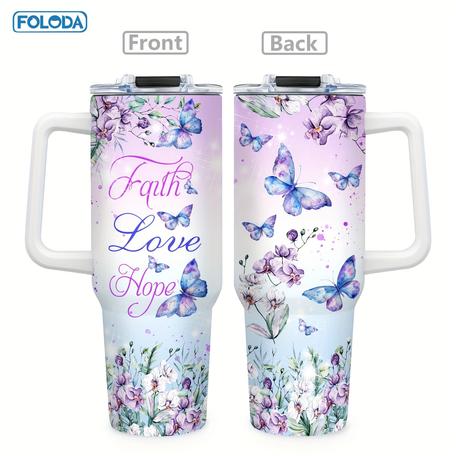 Foloda Butterfly Christian Stainless Steel Insulated Travel Coffee Tumbler for Women - 40oz Oval Mug with Handle, Lid & Straw - Handwash Only, PVC Free - Perfect for Running & Outdoor Activities - Great Christmas, Valentine's