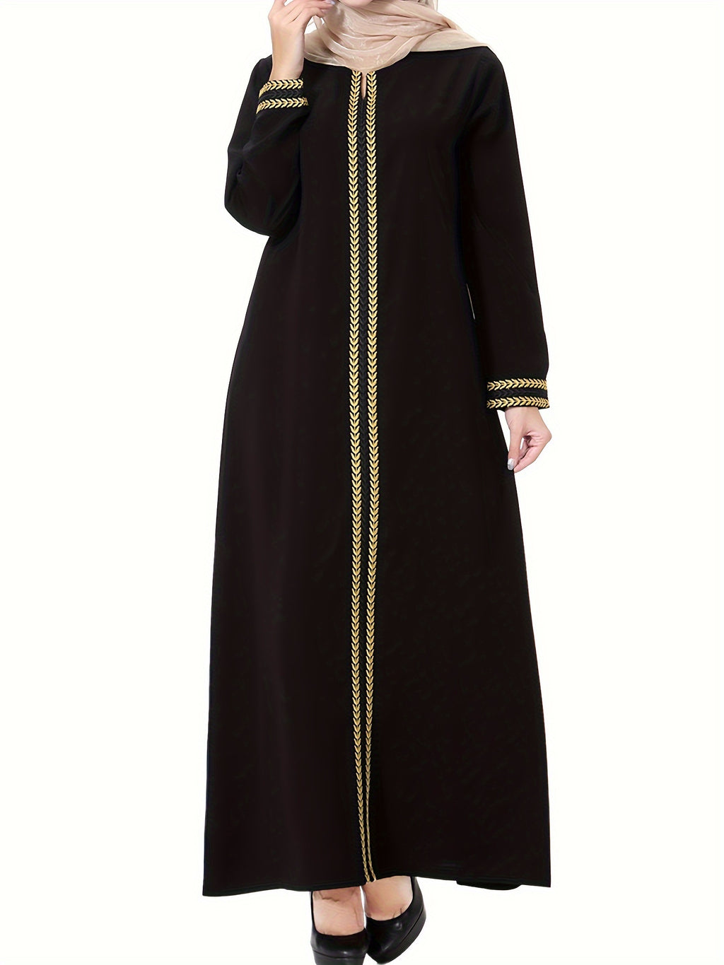 [Navy Blue Kaftan] Navy Blue Muslim Kaftan Dress | Elegant, Golden Embroidery, Sleeve, Loose Fit, Maxi Length, Hijab-Friendly Design, All-Season Wear