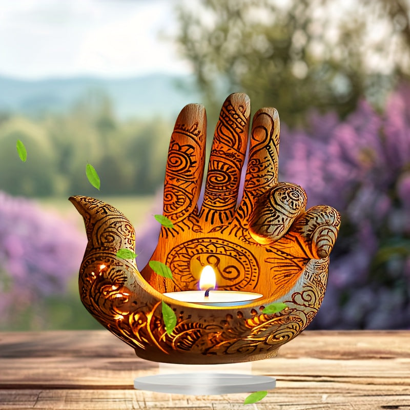 2D Flat A 2D Acrylic Ornament Featuring a Bohemian Style Acrylic Buddha Hand Candle, Measuring 9 Inches by 9 Inches. This Religious-Themed Tabletop Decoration Is Perfect for Home, Office, Or Café Decor, Making It a Wonderful