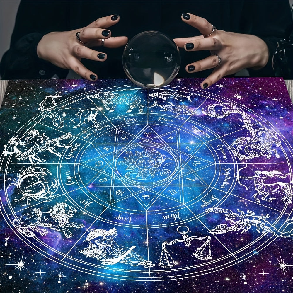 Astrology Themed Polyester Tarot Card Tablecloth, 12 Constellations Starry Sky Design, Witchcraft Oracle Cards Pad for Reading, Room Decor, Fits Various Holidays & Occasions, Non-Electric, Featherless