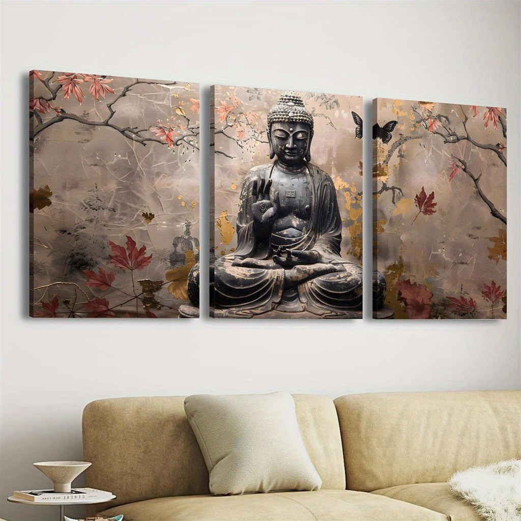 2D Flat, 3pcs wood framed canvas print art, 2D Flat, Painting of Buddha statue in autumn tranquility, sepia and Golden art, religious poster, Suitable for home wall decoration, 2D Flat, Perfect for Room Decor