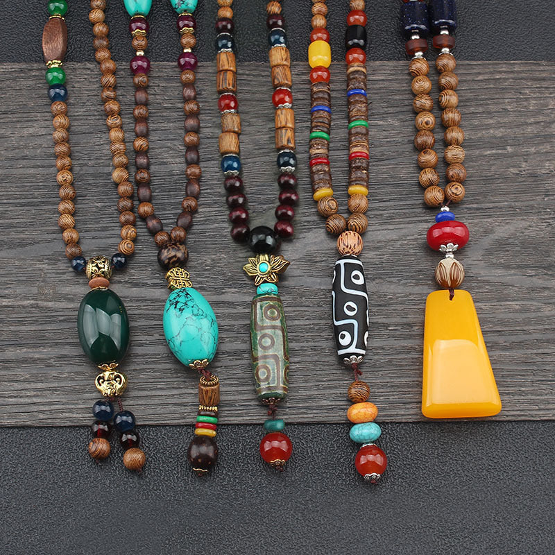 Bohemian Ethnic Wooden Buddha Bead Necklace for Men & Women - Natural Wood & Water Buffalo Turquoise Beads, Handcrafted Retro Unisex Jewelry for Daily Wear, Vacations, Unique Gift Idea