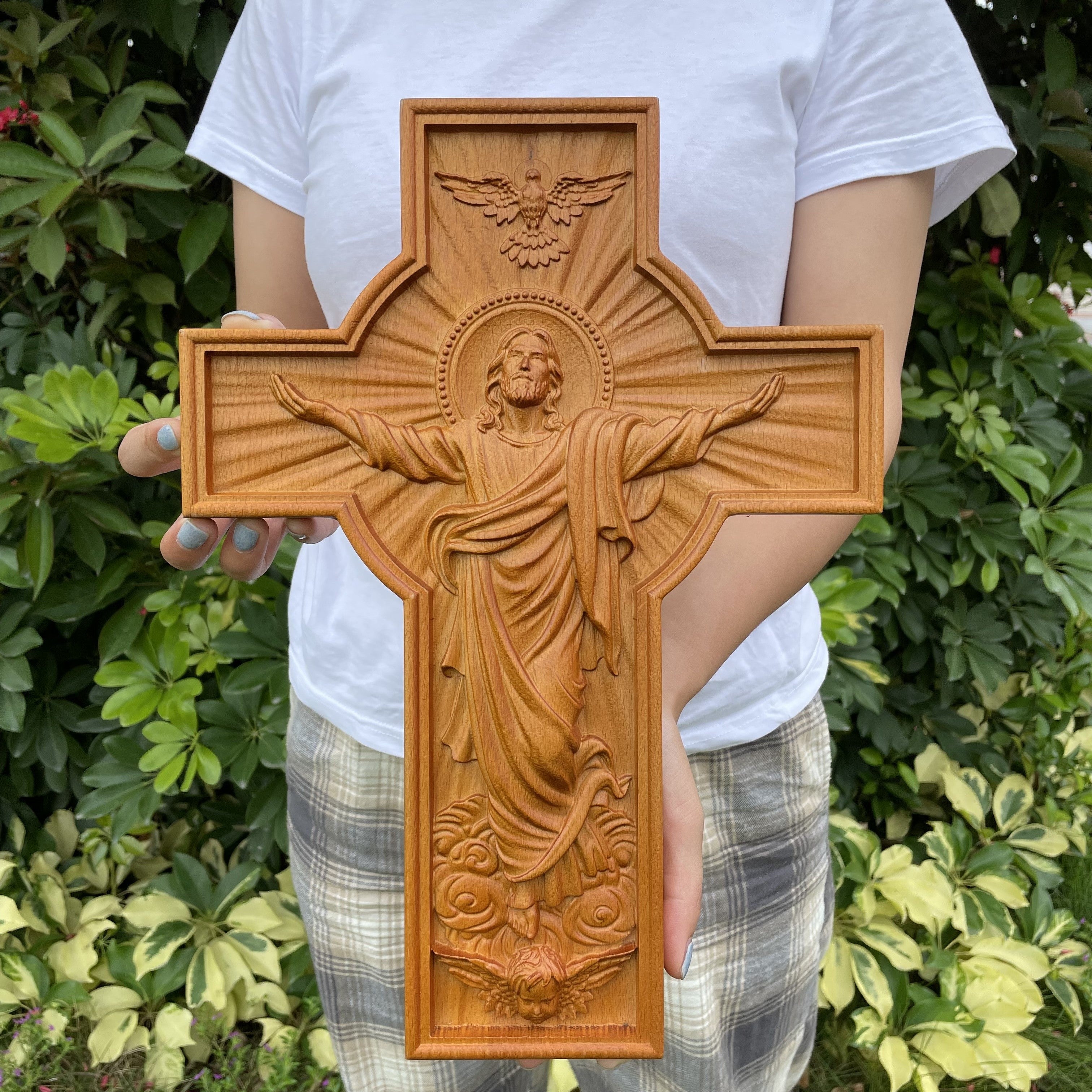 Hand-Carved Beechwood Easter Ascension Cross - Vintage Religious Home Decor, Intricate Christian Gift with Hanging Buckle, Perfect for Indoor Table Display & Unique Holiday Gift Options