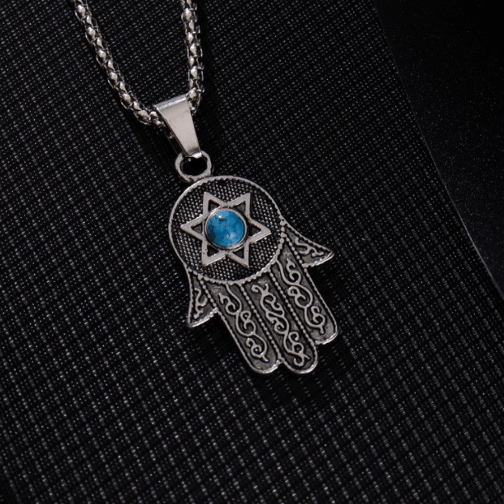 New Vintage Fashion Ancient Buddha Palm Six-Pointed Star Blue Pine Stone Pendant Necklace Men'S And Women'S Necklace Jewelry Accessories Gift Wholesale