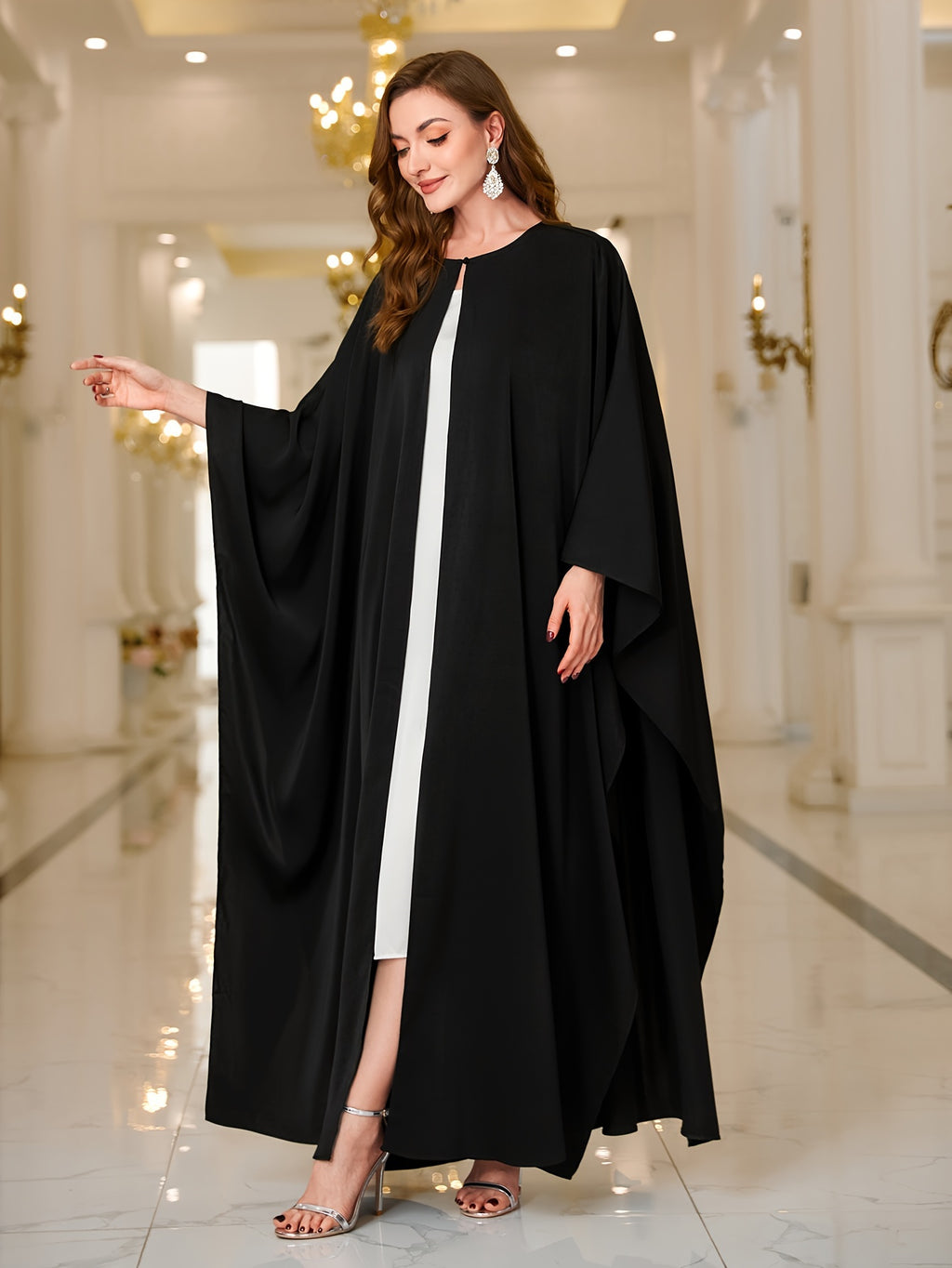 Button Front Batwing Sleeve Modest Dress, Elegant Loose Solid Color Cloak Maxi Muslim Outwear, Women's Clothing