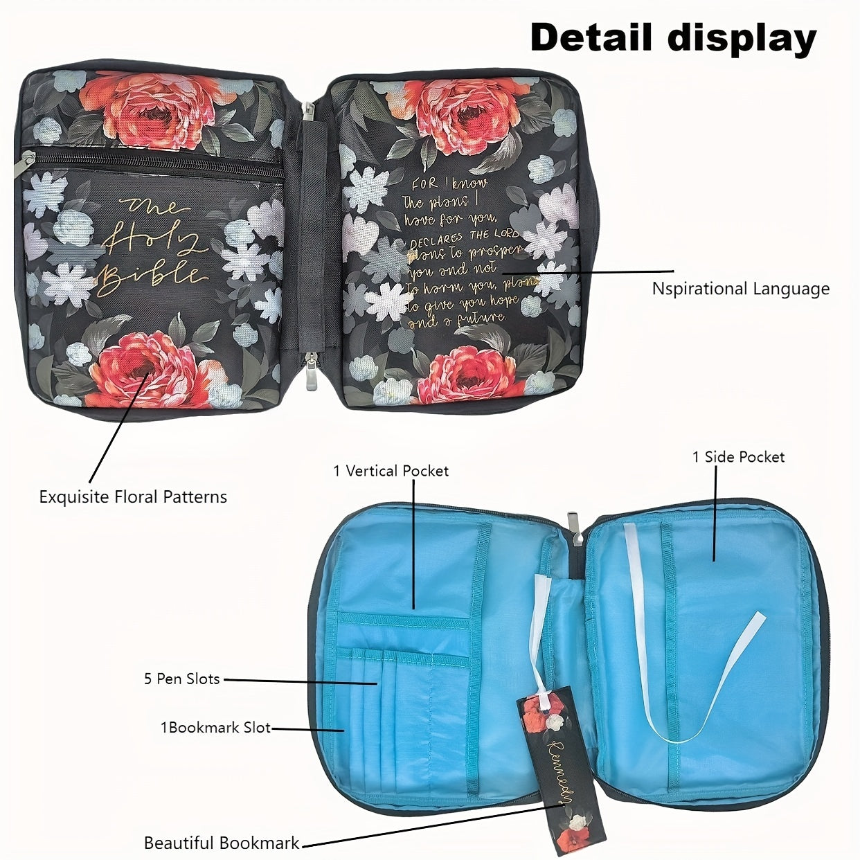 Floral Polyester Bible Cover with Handle, Carrying Organizer Bag, Christian Study Bible Case with Pockets and Bookmark - Protective Scripture Tote for Girls and Women