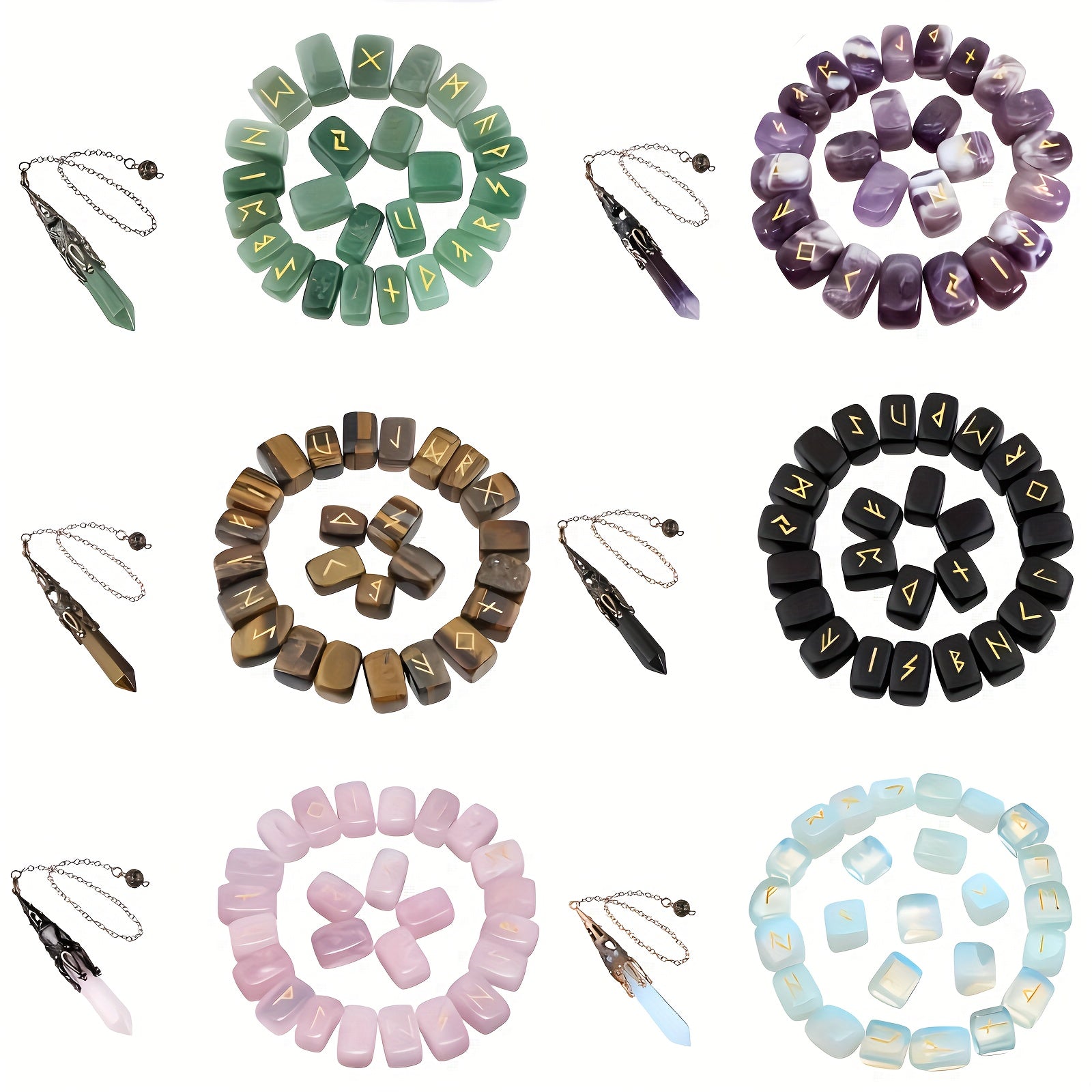 A Nordic Rune Set Featuring Crystal Rune Stones, Including 25 Rune Stones, a Pendant, And a Carved Wooden Board. Elegant And Exquisite