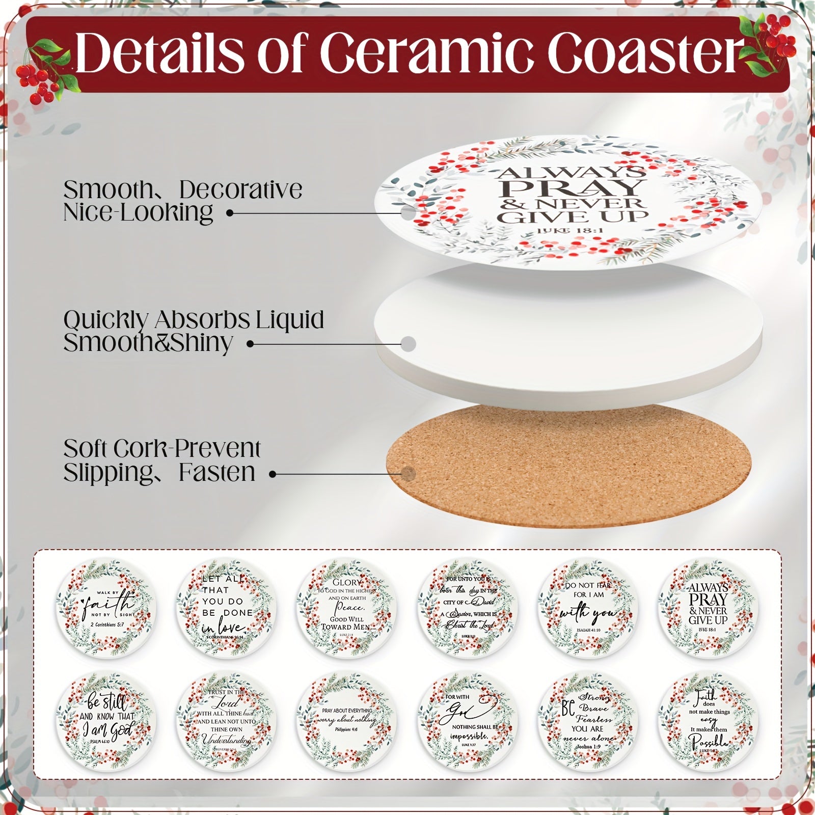 Set of 24 Christian Coasters Bulk Gift Religious Bible Verse Ceramic Coaster for Women Cork Backing Absorbent Coaster with Holder for Men Church Welcome Favor Kitchen Supplies (Berry Style)
