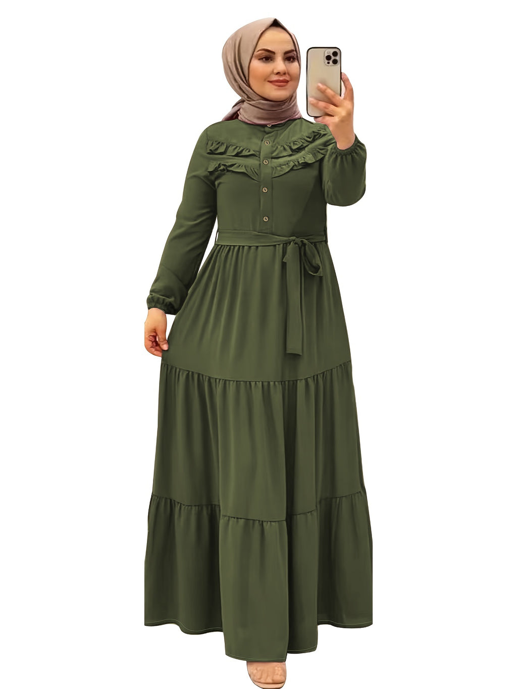 Elegant Light Green Maxi Dress for Muslim Women - Casual Solid Color with Ruffle Hem & Button Detail, Polyester Blend, Machine Washable - Hijab Not Included