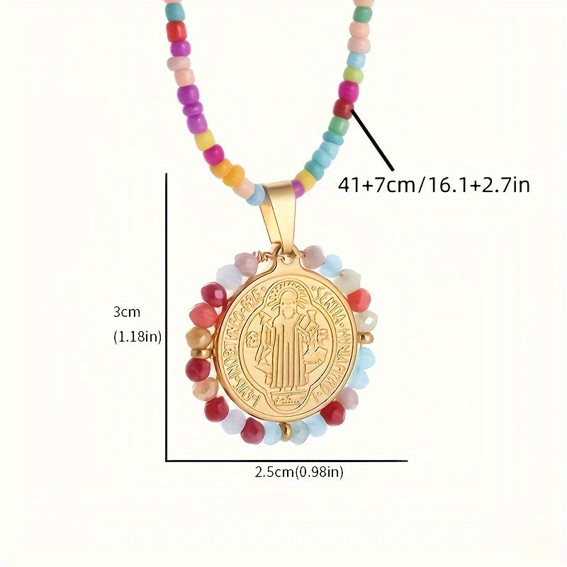 4pcs/set Christian Saint Benedict Pendant Women Girls Boho Style Beaded Rainbow Bead Necklace Saint St. Benedict Cross Amulet Jewelry