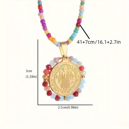 4pcs/set Christian Saint Benedict Pendant Women Girls Boho Style Beaded Rainbow Bead Necklace Saint St. Benedict Cross Amulet Jewelry