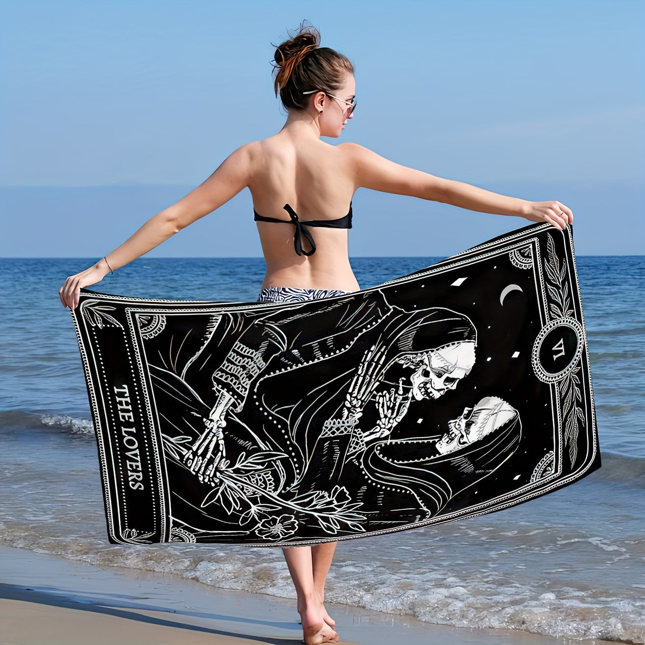 Vibrant Bohemian Skull Tarot Beach Towel - Soft, Quick-Dry, Super Absorbent, 100% Polyester Knit Fabric, High Color Fastness, Oblong Shape, Cartoon Theme, 240gsm, Ideal for Swimming, Bath, Camping, Unisex