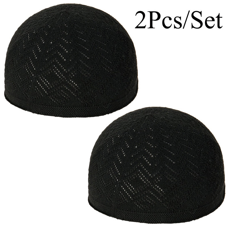 2pcs/Set Men'S Muslim Kufi Cap, Breathable Knitted Polyester Prayer Hat, Lightweight Middle Eastern Arab Traditional Headwear, Adjustable Toggle Closure, Machine Washable, Ramadan Celebration