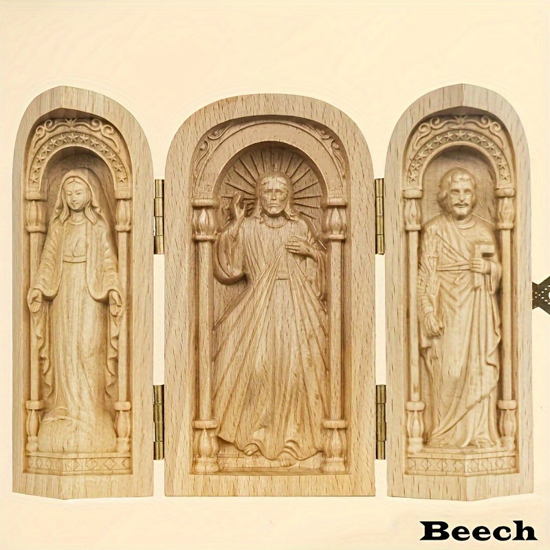 1pc Hand-Carved Wooden Church - Mini Christian Triptych Altar with Jesus, and Virgin Mary Figurines, Decorative Religious Collectible for Indoor & Outdoor, Ideal for Christmas and Easter Decorations, No Electricity Required