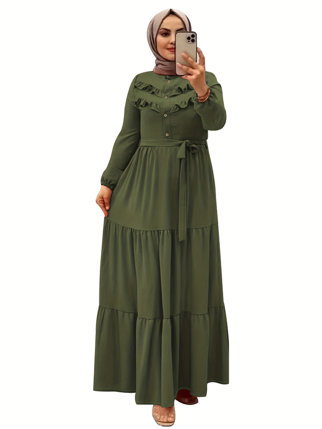 Elegant Light Green Maxi Dress for Muslim Women - Casual Solid Color with Ruffle Hem & Button Detail, Polyester Blend, Machine Washable - Hijab Not Included