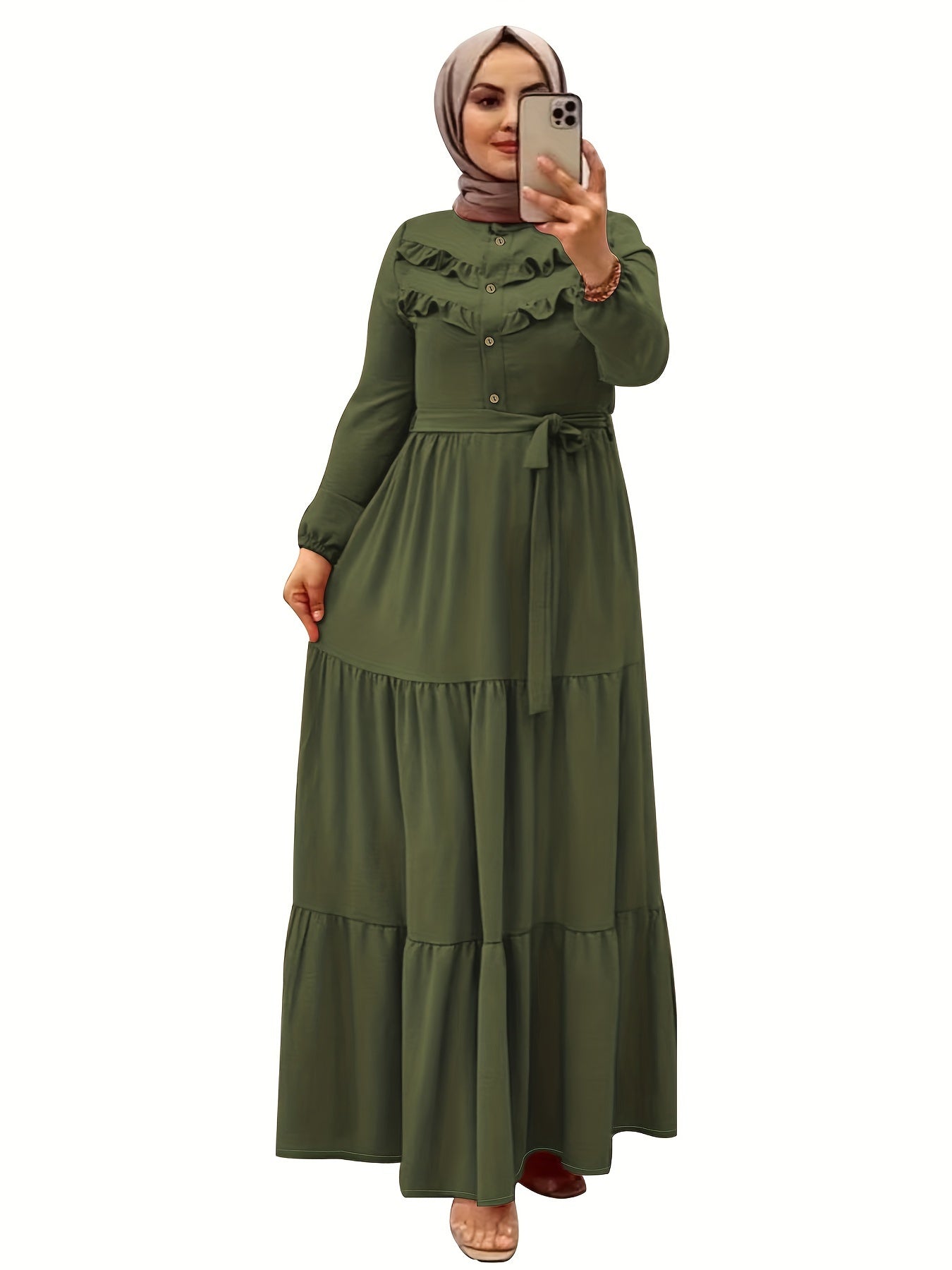 Elegant Light Green Maxi Dress for Muslim Women - Casual Solid Color with Ruffle Hem & Button Detail, Polyester Blend, Machine Washable - Hijab Not Included