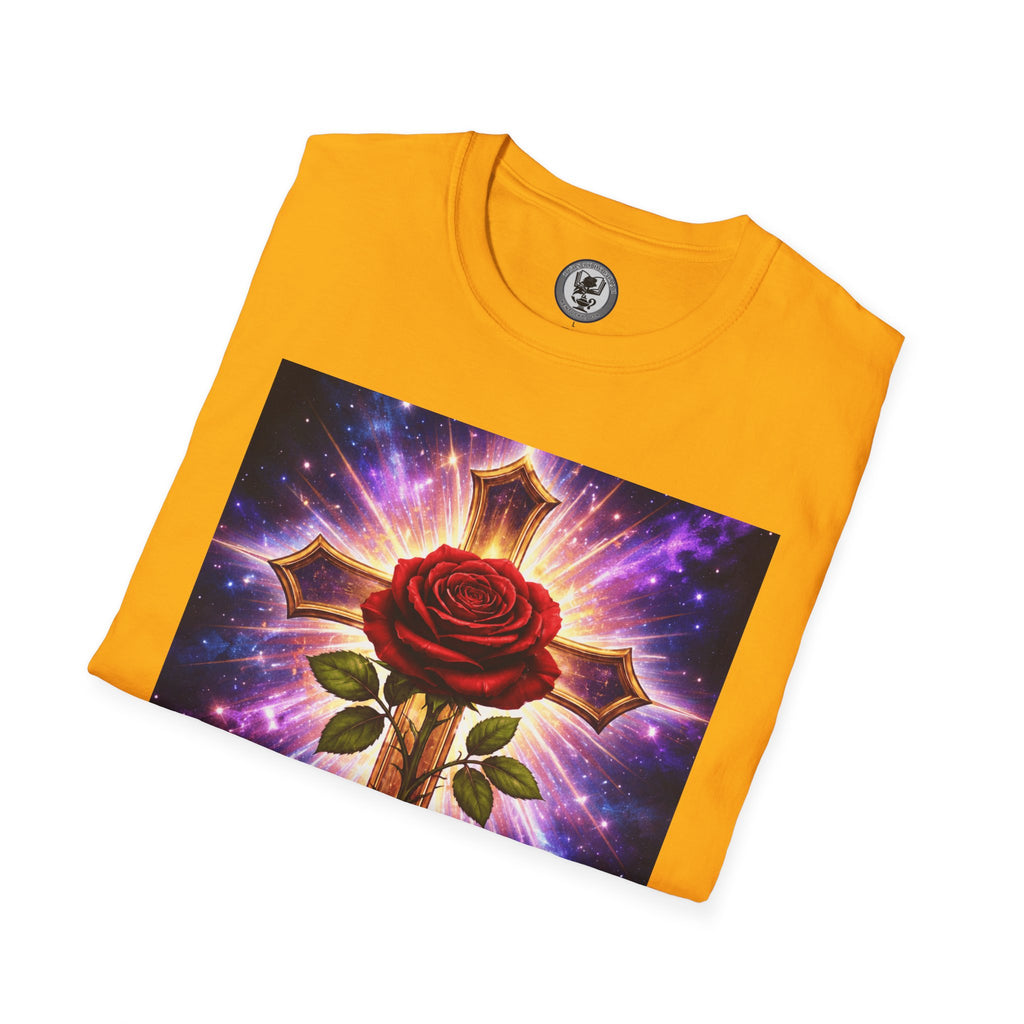Cosmic Rose Cross T-Shirt — Rosicrucian Spiritual Floral Cross Graphic Tee