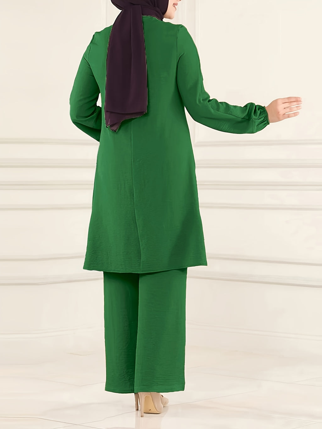 Ramadan Elegant Solid Muslim Two-piece Set, Long Sleeve Crew Neck Top & Straight Leg Pants Outfits, Women's Clothing