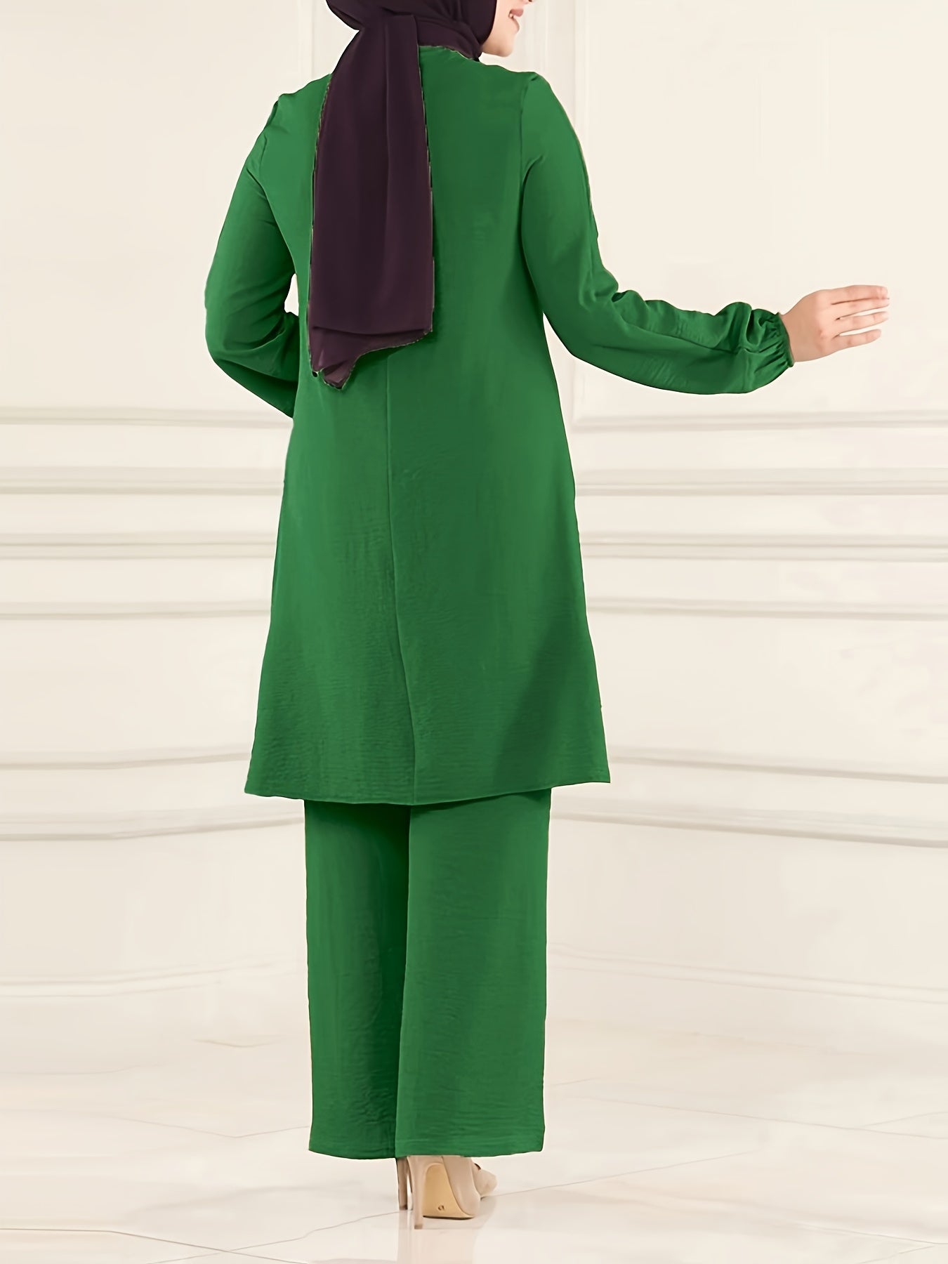 Ramadan Elegant Solid Muslim Two-piece Set, Long Sleeve Crew Neck Top & Straight Leg Pants Outfits, Women's Clothing