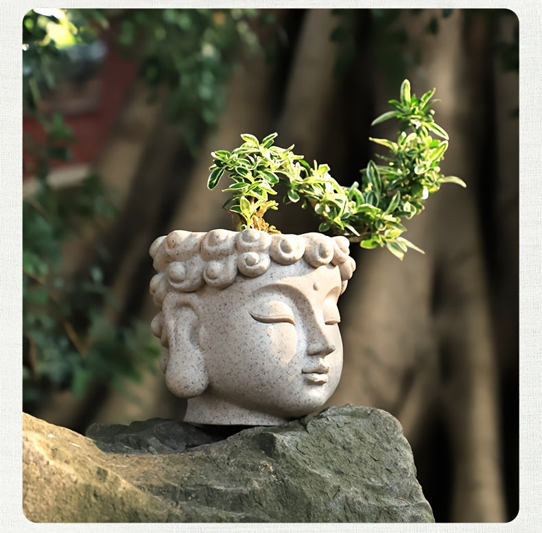 Zen-Inspired Buddha Head Succulent Planter - Resin Cactus Pot for Home & Office Decor, Versatile Indoor/Outdoor Flower Vase, Unique Bonsai Craft Gift
