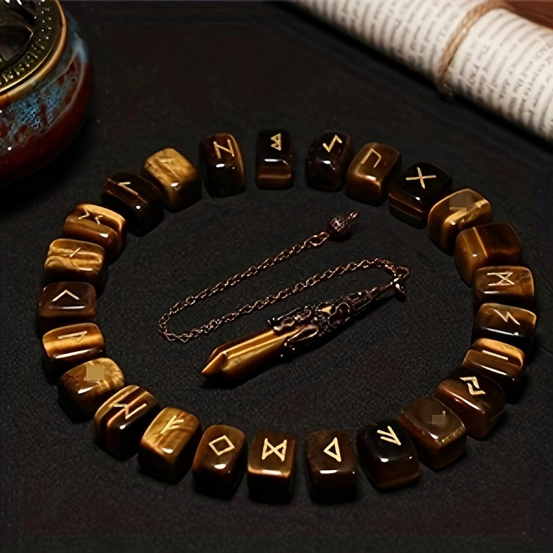 A Nordic Rune Set Featuring Crystal Rune Stones, Including 25 Rune Stones, a Pendant, And a Carved Wooden Board. Elegant And Exquisite
