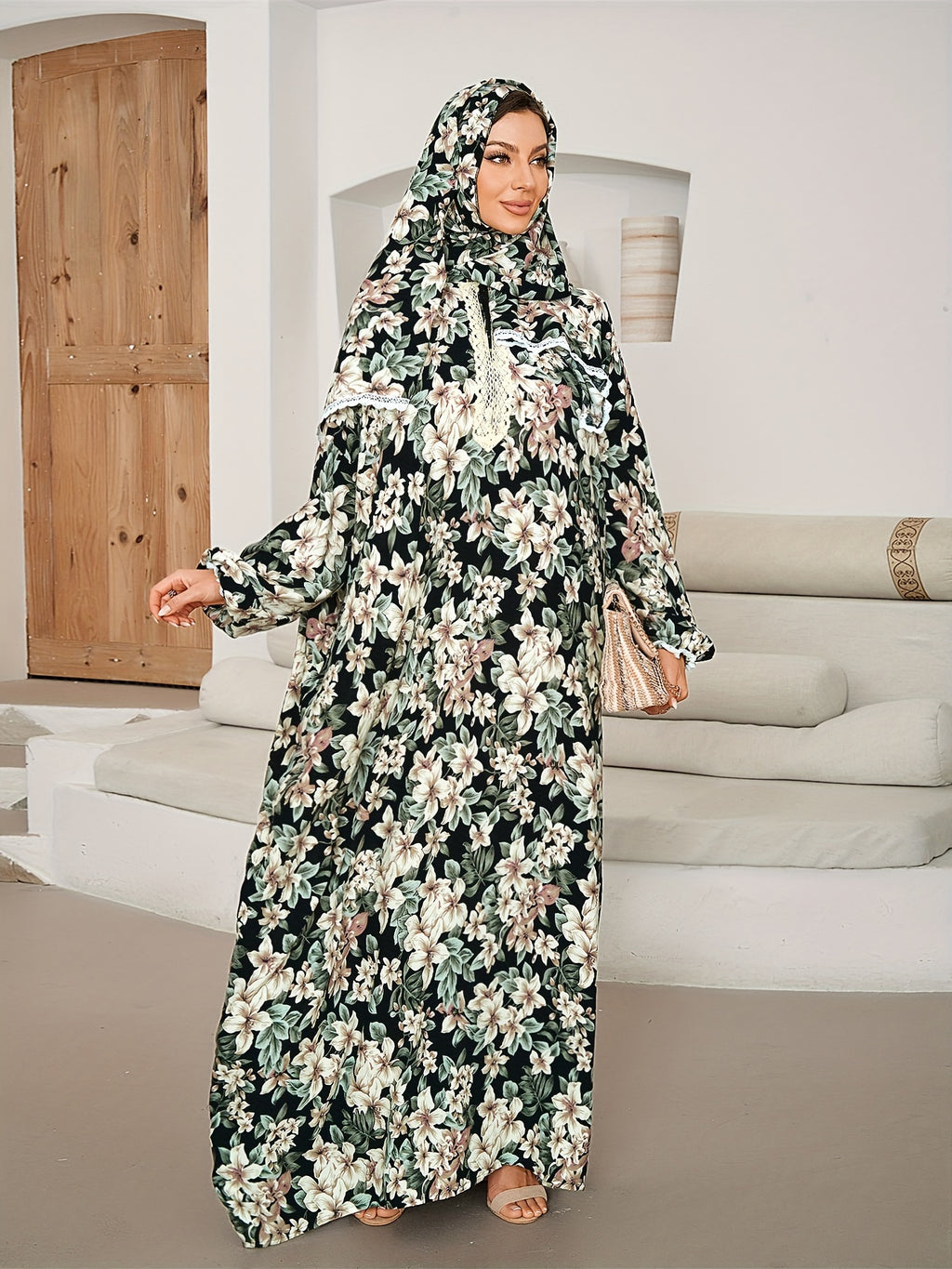 Ramadan Elegant Two-piece Set - Floral Print Maxi Length Kaftan Dress & Lace Trim Khimar Hijab - For Women - Suitable for Ramadan & Special Occasions - Perfect Gift for Muslim Women