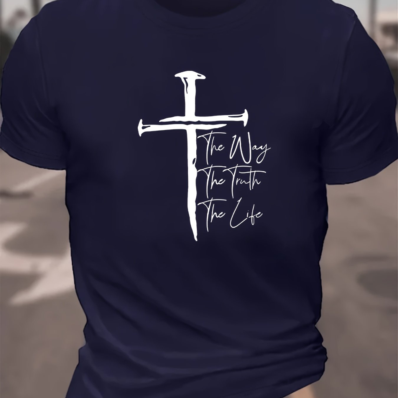Creative Christian Cross Graphic Print Casual Crew Neck Short Sleeve T-shirt For Men, Comfy Casual Summer T-Shirt For Daily Wear Work Out And Vacation Resorts