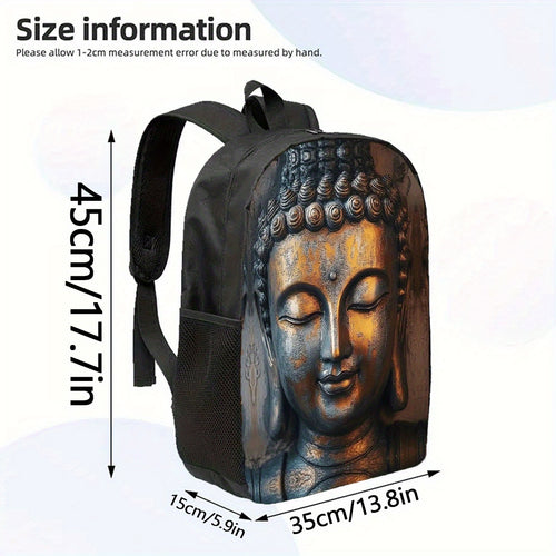 1pc Buddha Print 17 Inch Casual Backpack - Lightweight Durable Laptop Bag with Water Bottle Holder, Adjustable Straps & Vibrant Cartoon Design for School, Work, Travel - Unisex Gift for Christmas, Father’s Day, Thanksgiving