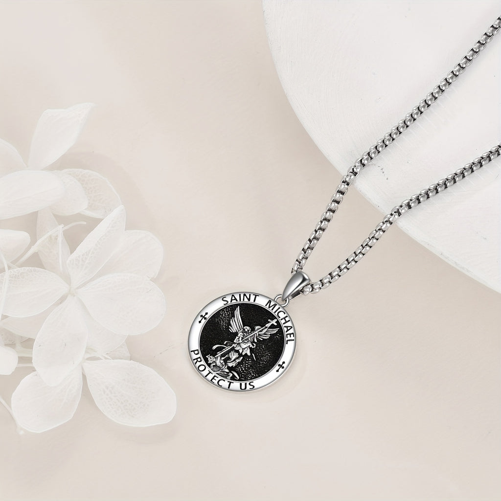 Pure Silvery St. Michael Necklace Amulet Protects Us Necklace Patron Angel Pendant Christian Jewelry Birthday Men's Gift