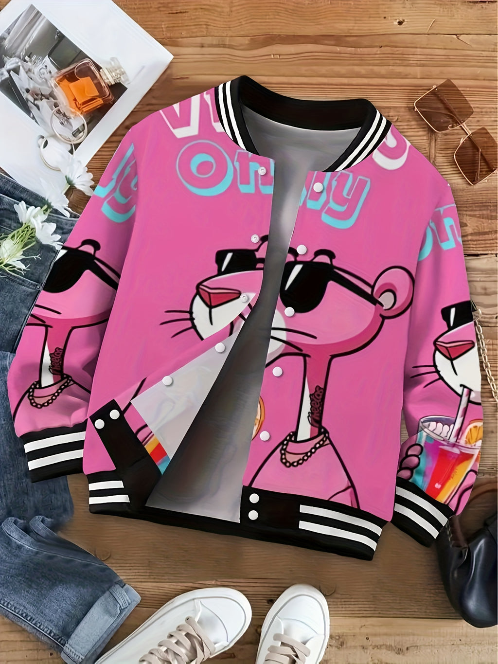 Women'S & Men'S Oversized Pink Panther Print Baseball Jacket - Bold Cartoon Graphic College Style Coat with Pockets, Warm Fall Winter Casual Outerwear for Halloween Parties & Daily Wear, Unisex Outerwear for Themed Ev