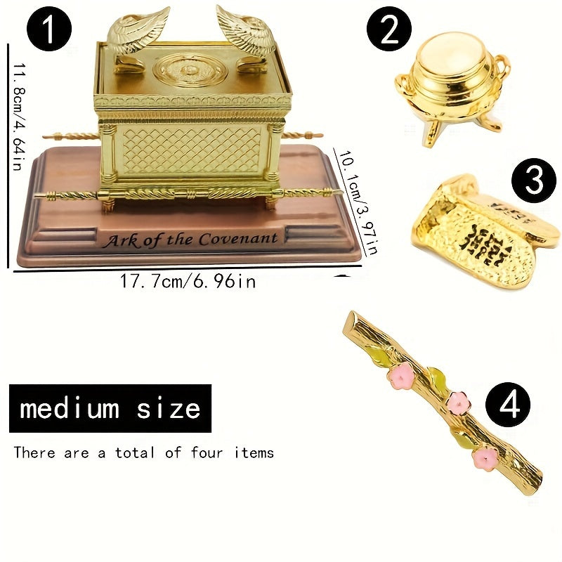 4-Piece Traditional Metal Ark of the Covenant Set - Home Decor Replicas, Jewish Religious Statues, Golden Jars, Aaron's Rod, Mana Pot, Rattan Staff - Suitable for Easter, Halloween, Hanukkah, Independence Day, Universal Holid