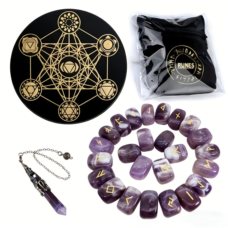A Nordic Rune Set Featuring Crystal Rune Stones, Including 25 Rune Stones, a Pendant, And a Carved Wooden Board. Elegant And Exquisite