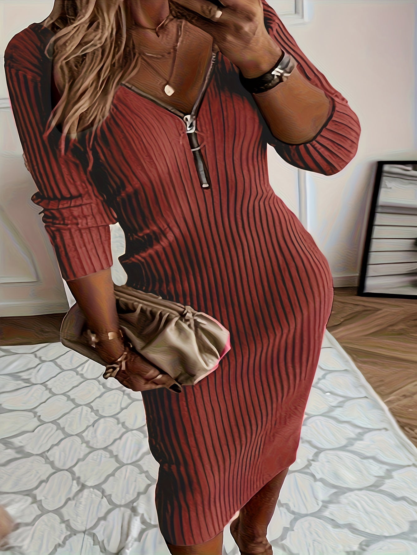 Plus Size - Plus Size - Plus Size, Women'S Plus Size Elegant V-Neck Long Sleeve Dress - Fitted Stretchy Solid Color with Zipper Back, Machine Washable Fall Winter Casual to Formal Wear, Long Sleeve Dresses For Women, Plus Siz