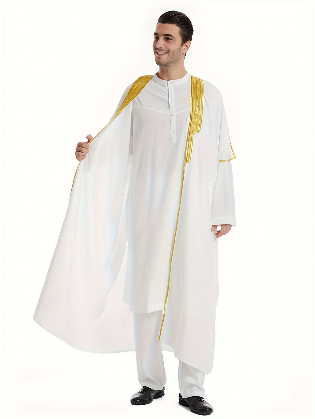 Men's Muslim Ethnic Style Golden Stripe Pattern Long Sleeve Scholar Robe With Open Placket, Suitable For Height Between 168 To 72.83 Inch, Chic And Stylish For Formal Occasions
