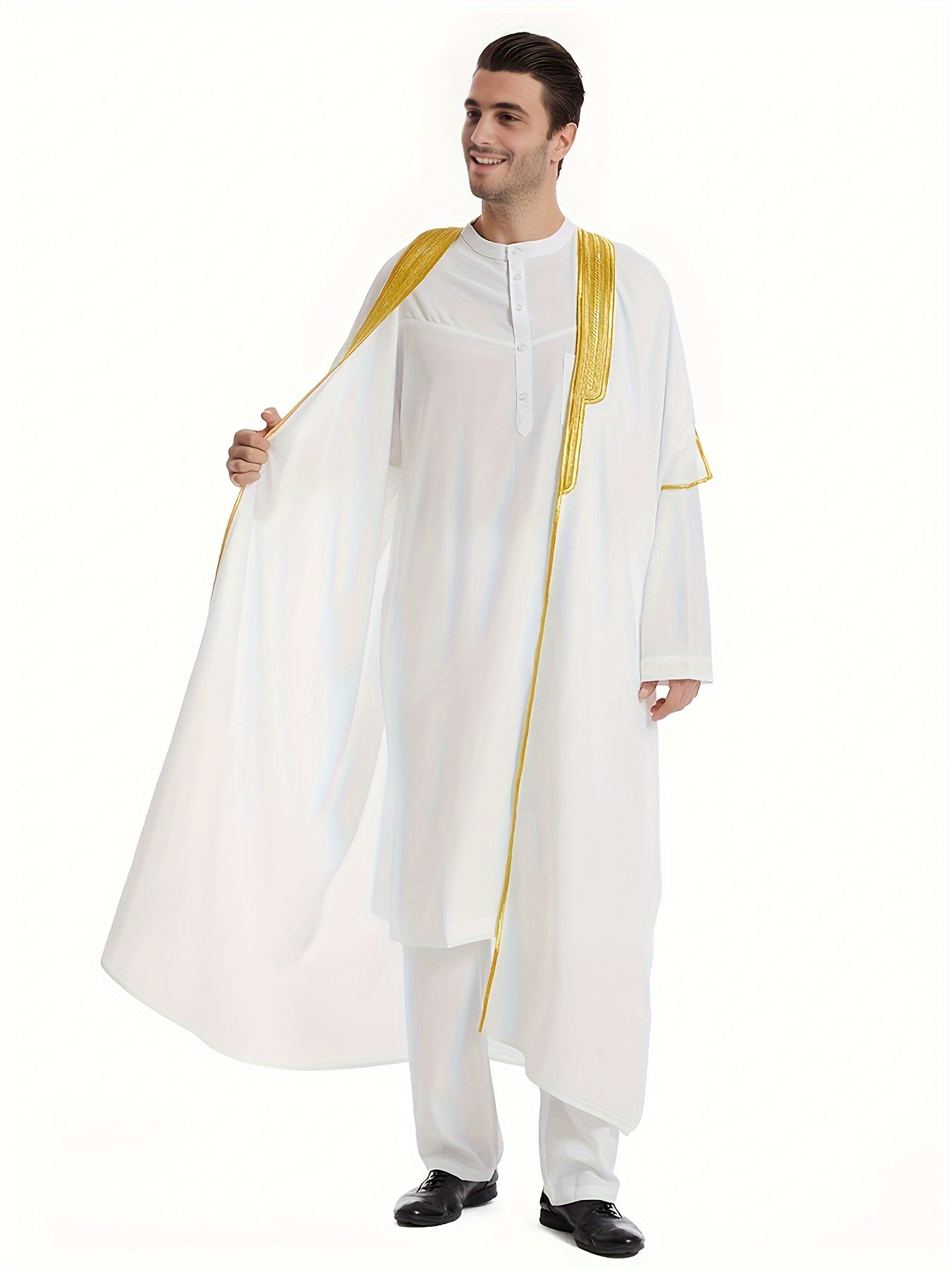 Men's Muslim Ethnic Style Golden Stripe Pattern Long Sleeve Scholar Robe With Open Placket, Suitable For Height Between 168 To 72.83 Inch, Chic And Stylish For Formal Occasions