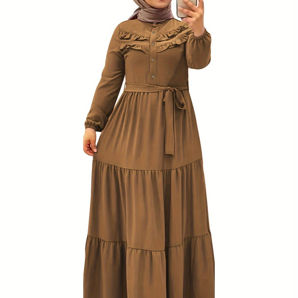 Elegant Light Green Maxi Dress for Muslim Women - Casual Solid Color with Ruffle Hem & Button Detail, Polyester Blend, Machine Washable - Hijab Not Included