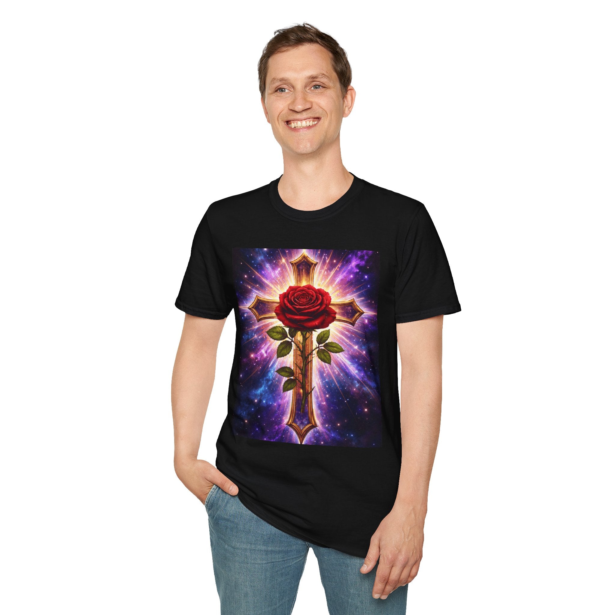 Cosmic Rose Cross T-Shirt — Rosicrucian Spiritual Floral Cross Graphic Tee
