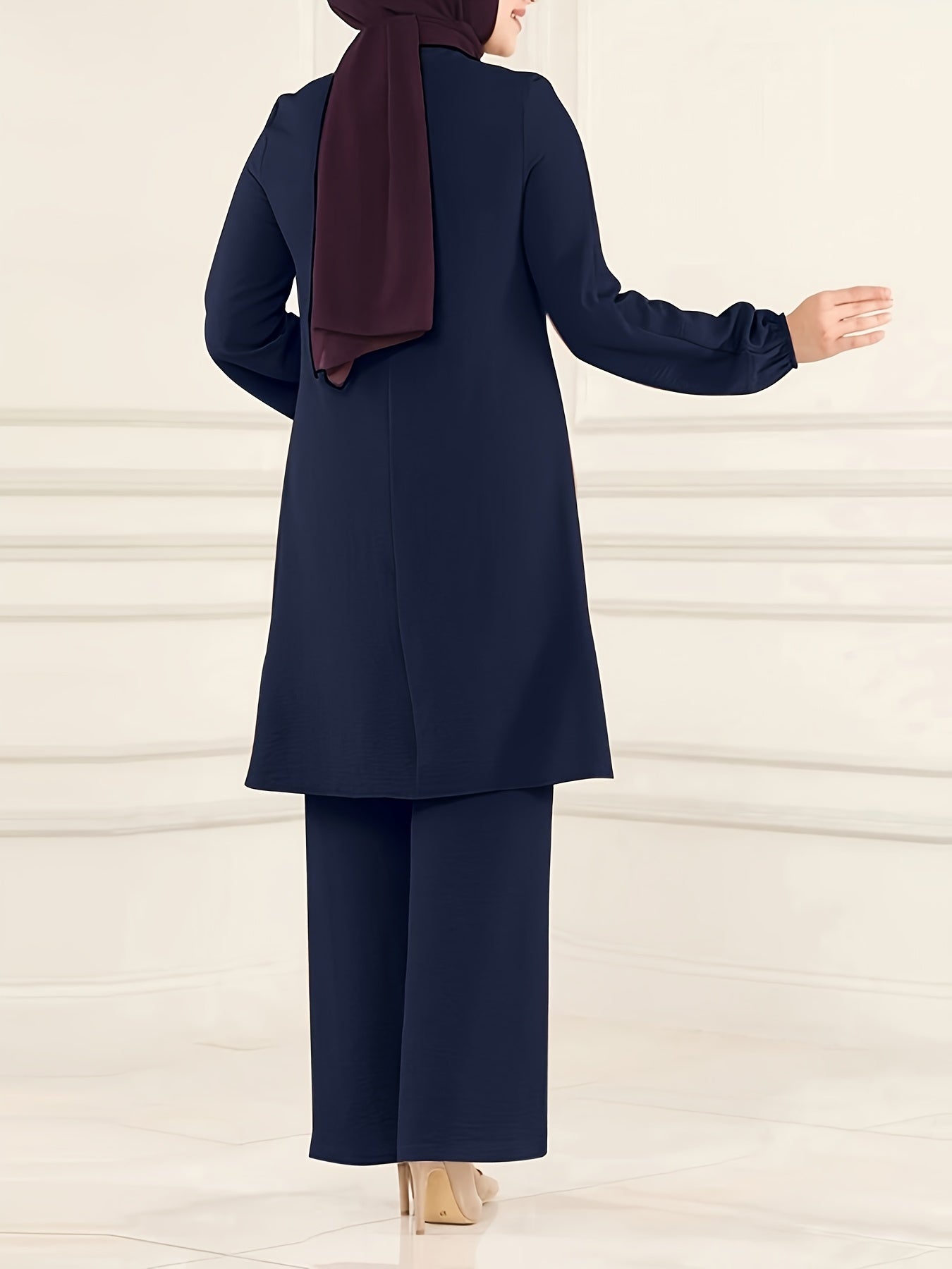 Ramadan Elegant Solid Muslim Two-piece Set, Long Sleeve Crew Neck Top & Straight Leg Pants Outfits, Women's Clothing