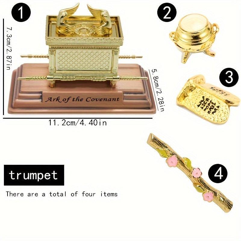 4-Piece Traditional Metal Ark of the Covenant Set - Home Decor Replicas, Jewish Religious Statues, Golden Jars, Aaron's Rod, Mana Pot, Rattan Staff - Suitable for Easter, Halloween, Hanukkah, Independence Day, Universal Holid