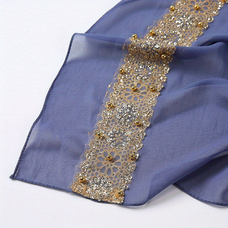 Summer Chiffon Women's Headscarf with Beaded Fringe, Muslim Hijab Long Scarf, Fashion Scarf