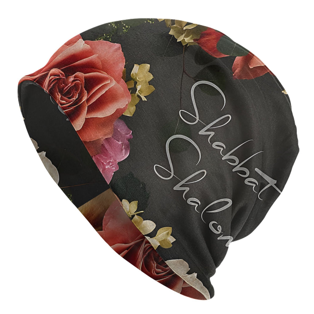 Shabbat Shalom Floral Jewish Skull Cap Beanie, Funky Style Knit Fabric Hat, Lightweight Polyester & Spandex Blend, with Slight Stretch, for Men and Women