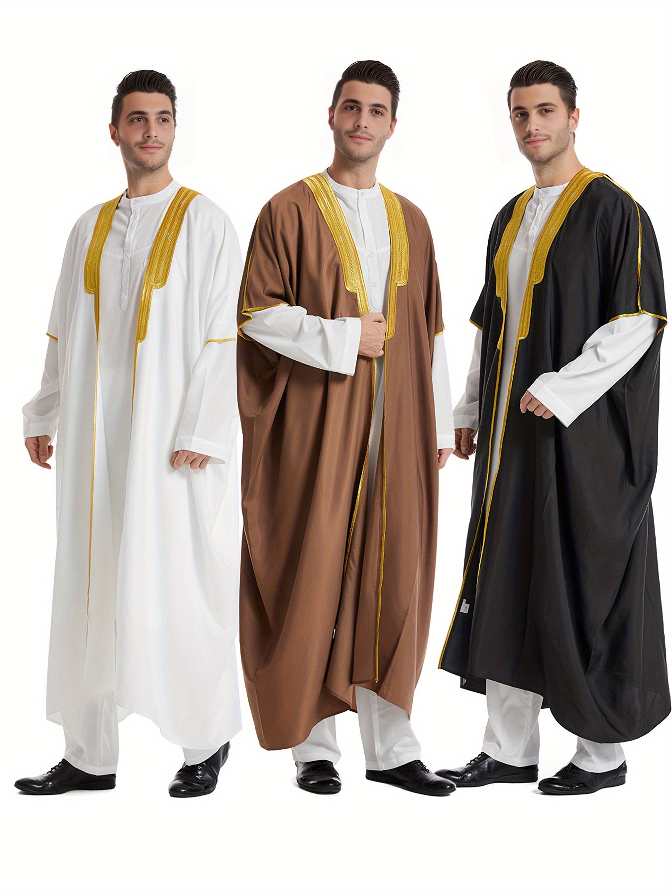Men's Muslim Ethnic Style Golden Stripe Pattern Long Sleeve Scholar Robe With Open Placket, Suitable For Height Between 168 To 72.83 Inch, Chic And Stylish For Formal Occasions