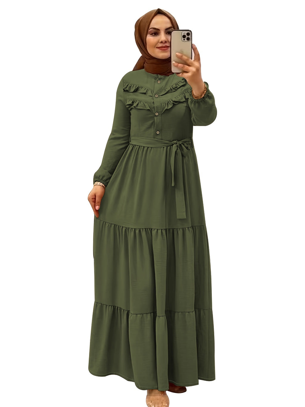Elegant Light Green Maxi Dress for Muslim Women - Casual Solid Color with Ruffle Hem & Button Detail, Polyester Blend, Machine Washable - Hijab Not Included