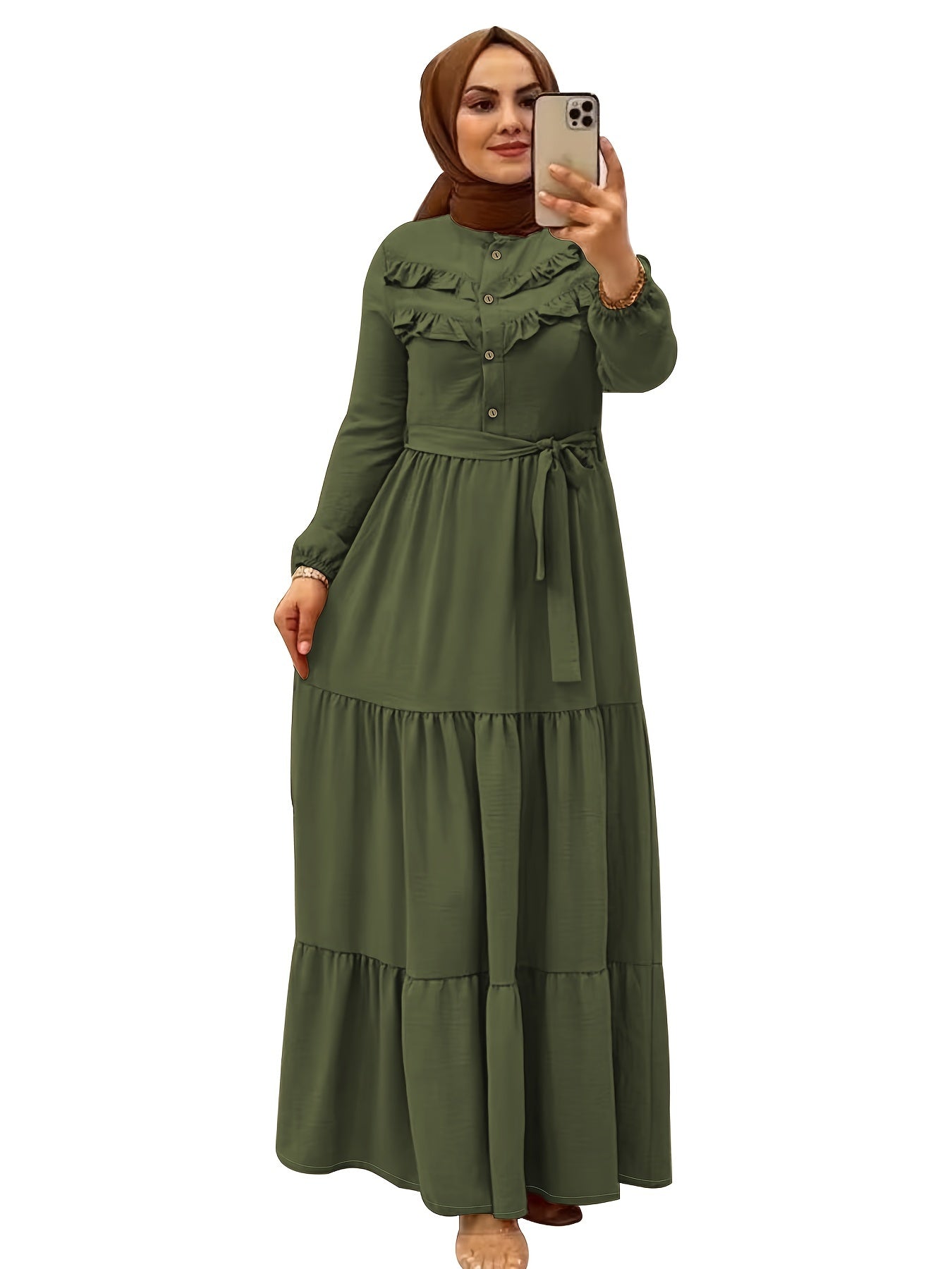 Elegant Light Green Maxi Dress for Muslim Women - Casual Solid Color with Ruffle Hem & Button Detail, Polyester Blend, Machine Washable - Hijab Not Included