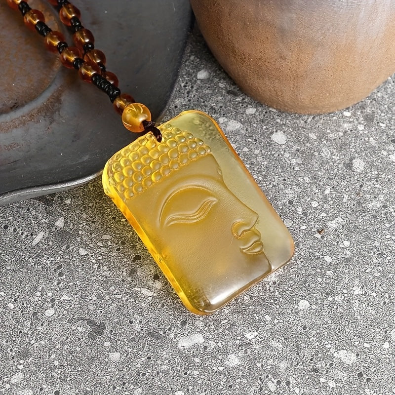 Buddha Pendant Frosted Yellow Beaded Necklace Exorcist Amulet Jewelry Gift Men Women